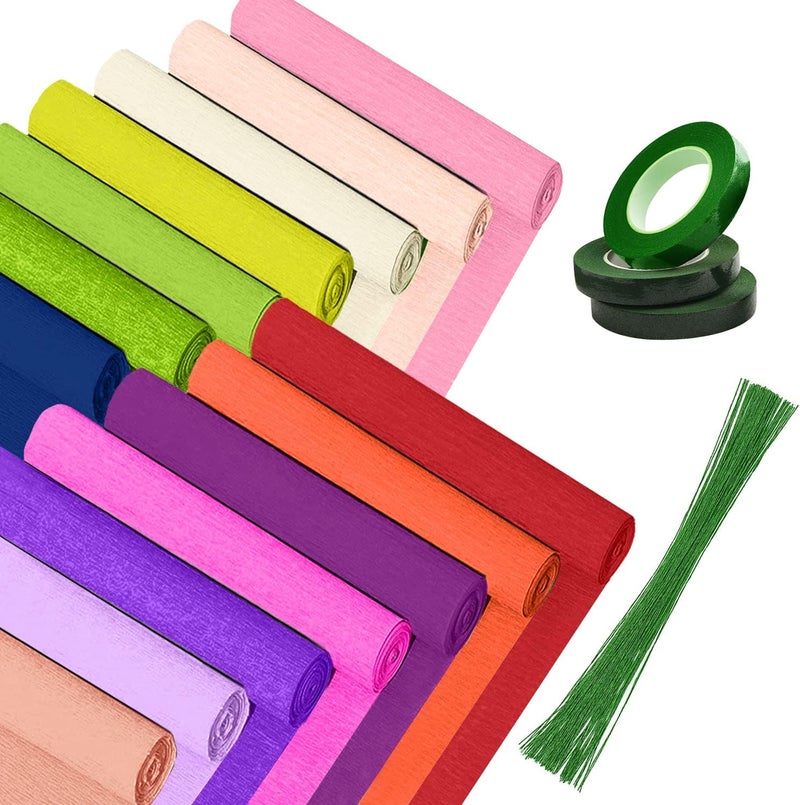 Mlurcu Crepe Paper Roll 14 Rolls Wide Crepe Paper Streamers 10 Inch x 8 Feet Artificial Floral Arrangements DIY Flower Making Kits Green Floral Tape and Wire for Wedding Festival Party Decorations - Image 1